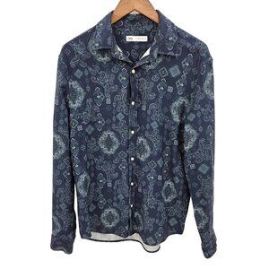 Zara Button Up Shirt Mens Sz Small Blue Patterned Print Business Casual Workwear